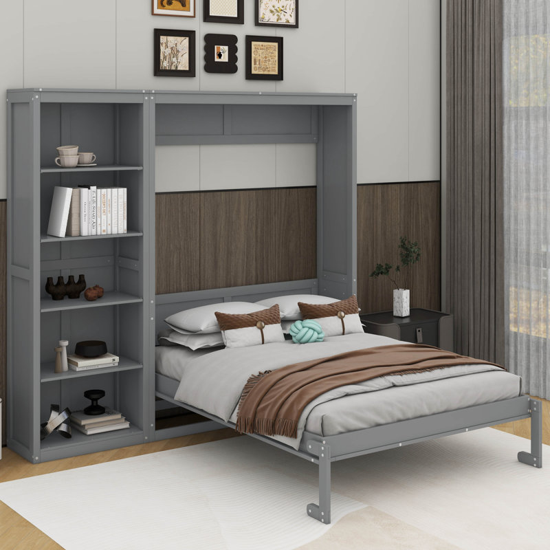 Lit escamotable double avec tablettes, Gris