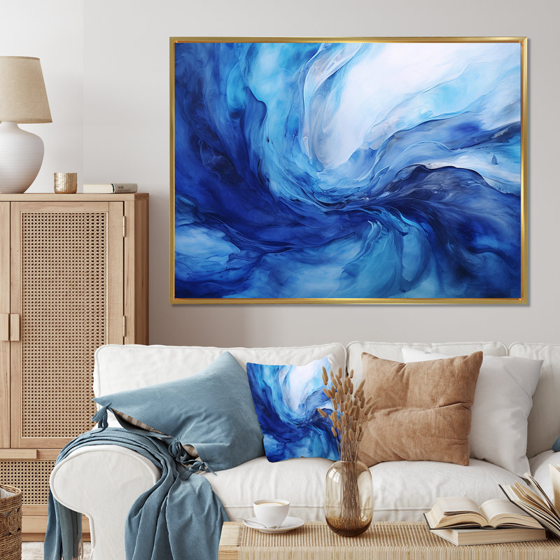 «Blue Emotional Tachisme Waves 2 - Tachisme», art mural, Cadre flottant doré, H 16 po x l 32 po x P 1 po