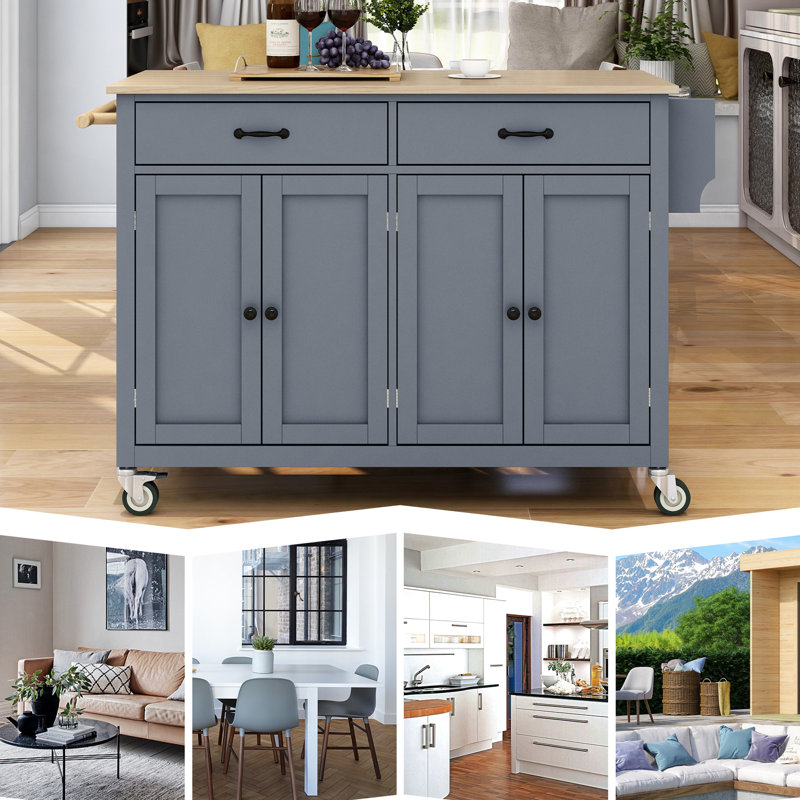 Îlot de cuisine gris-bleu avec plateau en bois massif, armoire à 4 portes, 2 tiroirs, porte-épices et porte-serviettes, roulettes verrouillables en bleu, porte-étagère,