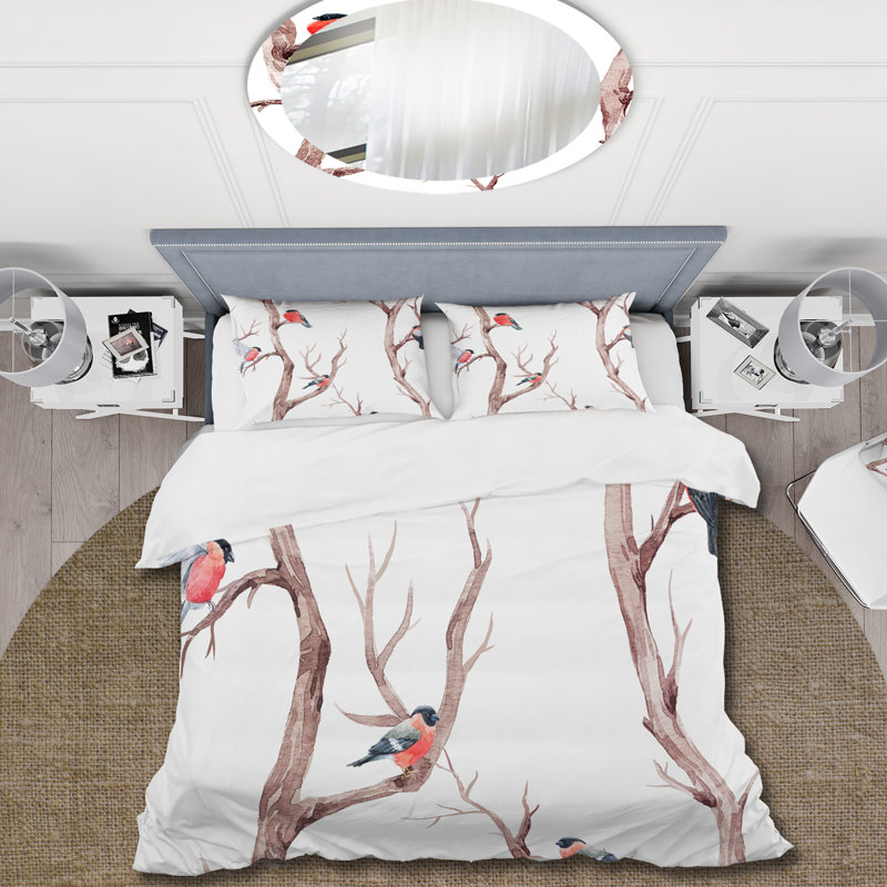 «Little Birds On The Tree Branches III» - Ensemble de housse de couette traditionnel - Microfibre de polyester