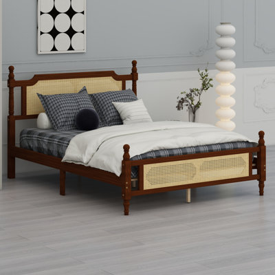 Wooden Bed With Rattan Headboard And Footboard