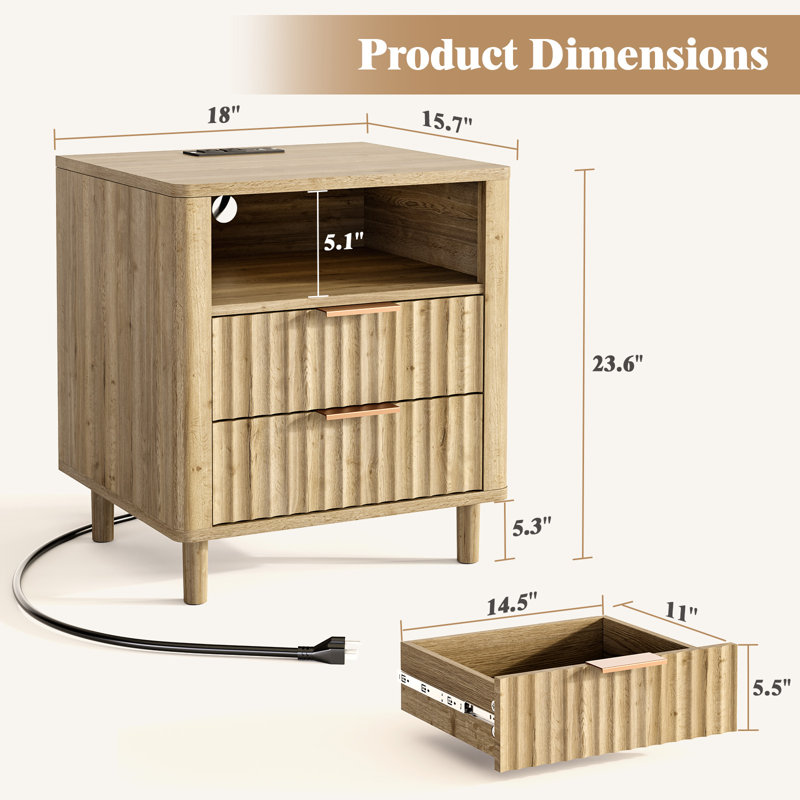 24" H Mid Century Night Stand with Charging Station, 2 - Drawer Storage Fluted Cute Bedside Table with Open Shelf, Curved Profile End Table for Bedroom, Living Room, Sofa and Office - 1 Pcs