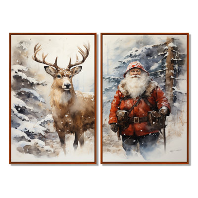 Père Noël et son cerf au pays des merveilles hivernal - Animaux, art mural cerf