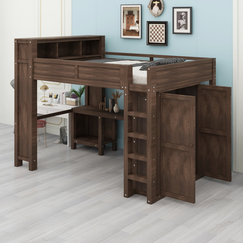 Multifunctional Loft Bed Featuring Storage Headboard, Closet, and Workstation, Brown