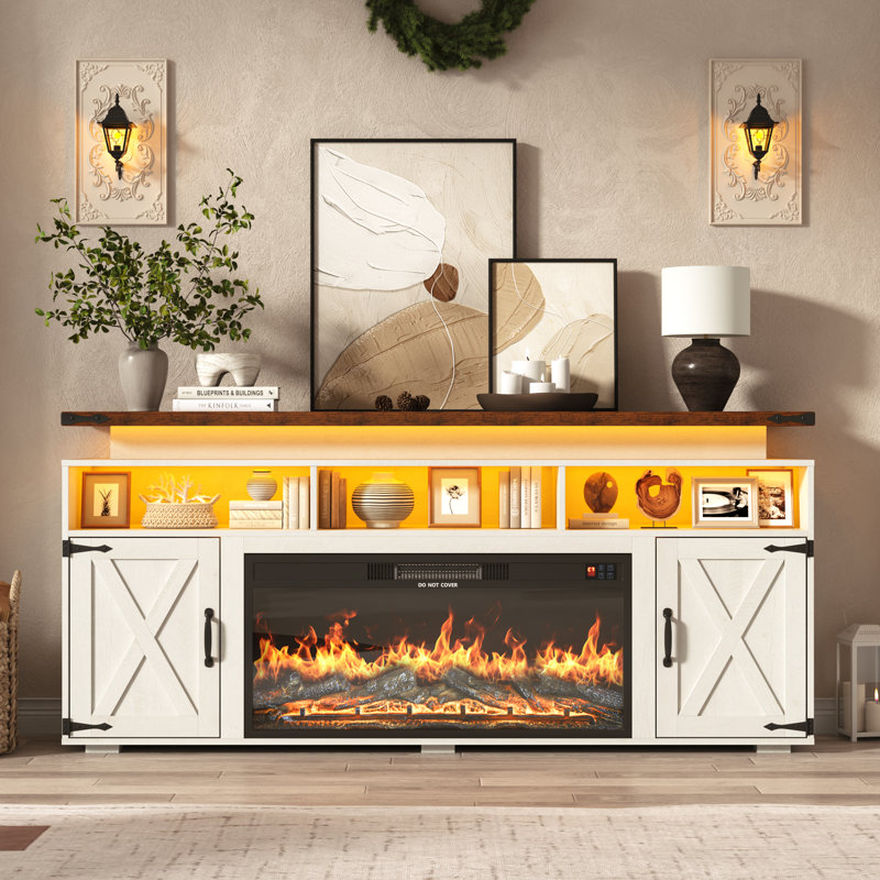 Meuble télé Farmhouse Fireplace avec foyer électrique 36 po pour téléviseur 75/80 po, centre de divertissement H 32 po avec éclairage DEL et prise de courant, console média rustique avec porte de grange coulissante pour le salon