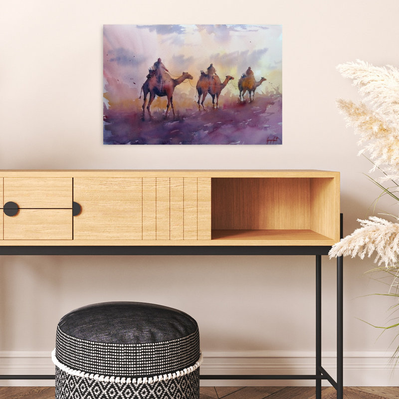 Camel caravane, coucher de soleil paisible, paysage abstrait abstrait, art mural, 16" H x 24" W