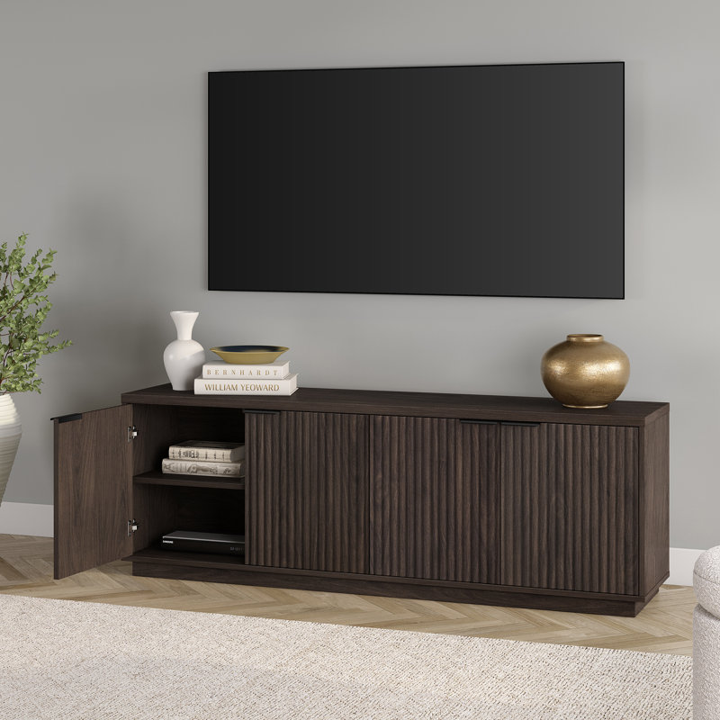 70" TV Stand for TVs up to 78" with Fluted Doors, Storage & Cable Management — Alder Brown Mid-Century Modern Media Console with Plinth Base for Living Room | Mansfield