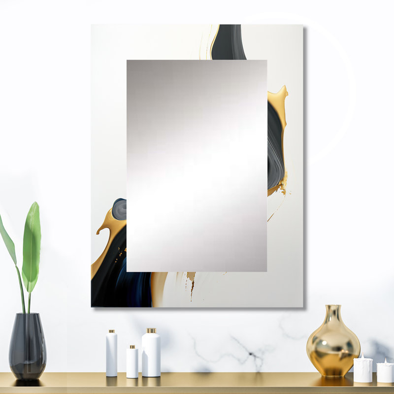 Black, White And Gold Liquid Art II - Liquid Ink Decorative Mirror, Black Wall Mirror, Printed Metal Art, 32" x 24"
