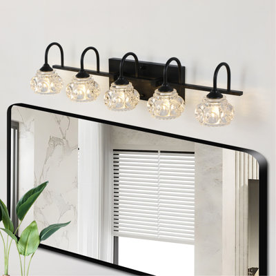 Luminaire de meuble-lavabo de salle de bain rétro 29 po à 29 lumières - Finition noire avec abat-jour en cristal, éclairage mural pour salle de bain, salle d'eau et miroir de meuble-lavabo (sans ampoules)