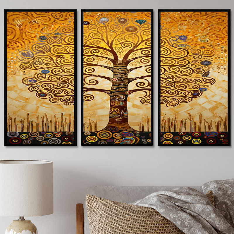 Art nouveau, arbre en spirale jaune - ensemble d'art mural arbre, Cadre flottant noir, H 28 po x l 36 po x P 1 po