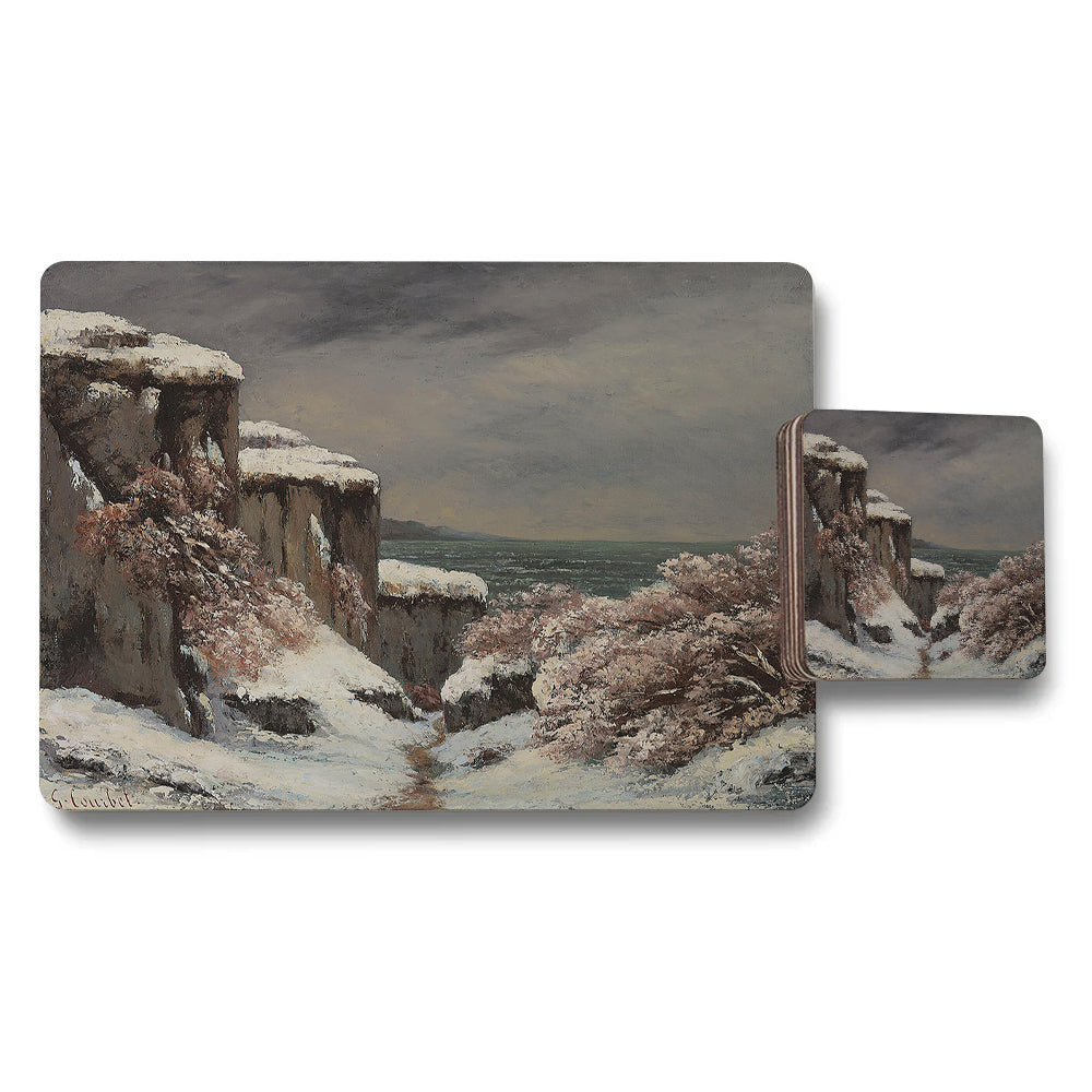 Winter Landscape Placemats And Coasters Set Snowy Cliff Scene