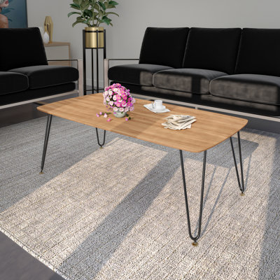 Rectangular Coffee Table with Curved Edge MDF Top and Iron Base – Accent Center Table Easy Assembly by George Oliver