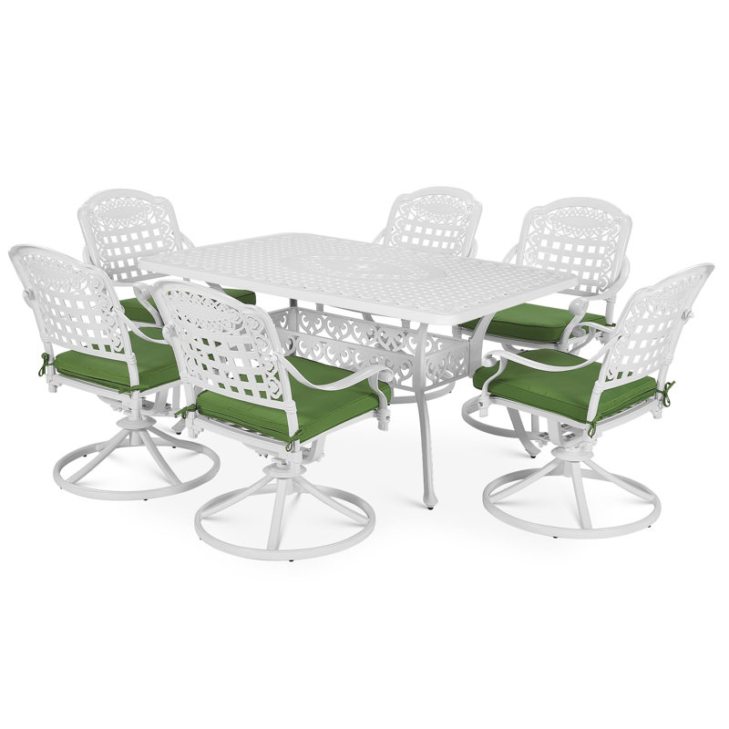 Wildon Home 7-piece Outdoor Furniture Dining Set, All-weather Cast Aluminum Patio Conversation Set, Include 6 Swivel Dining Chairs And A Rectangle Table With Umbrella Hole, khaki/green Cushion