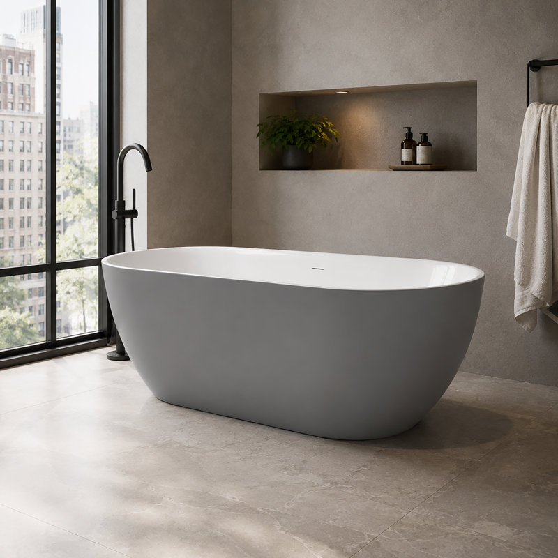 59 in. L x 29.5 in. W Slim Profile Modern Freestanding Acrylic Soaking Bathtub with Drain and Overflow, Matte Gray