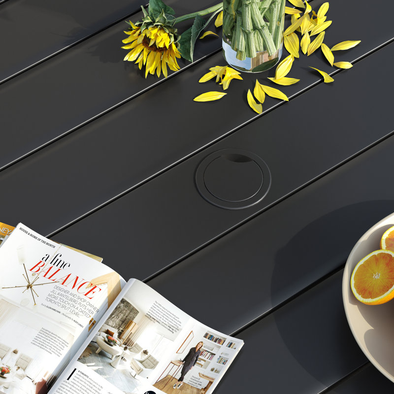 Table de salle à manger ronde en métal avec trou pour parasol Melisent, l 40,6 po x P 40,6 po, Noir / Noir