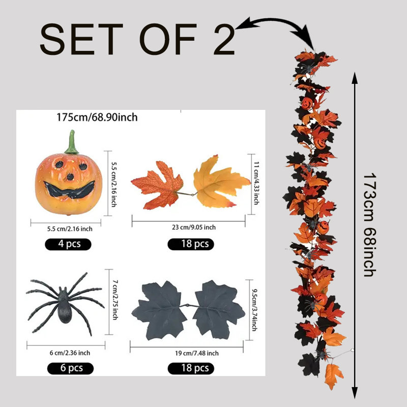 5.7 Ft Halloween Garland, Indoor Outdoor Holiday Decorations (set Of 2)