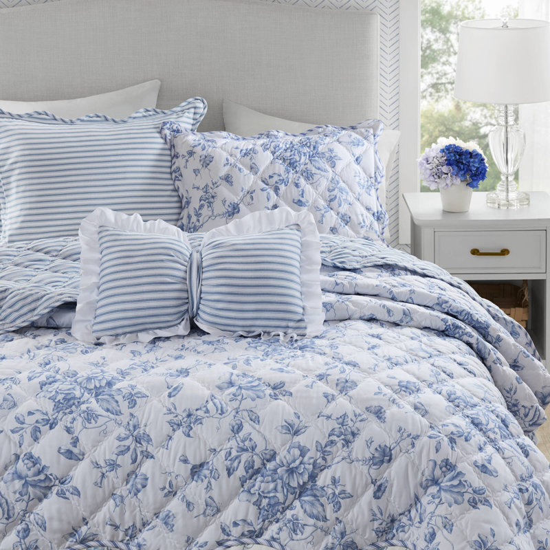 Blue King Bedding Sets, Soft Polyester Floral Quilt for Modern Home