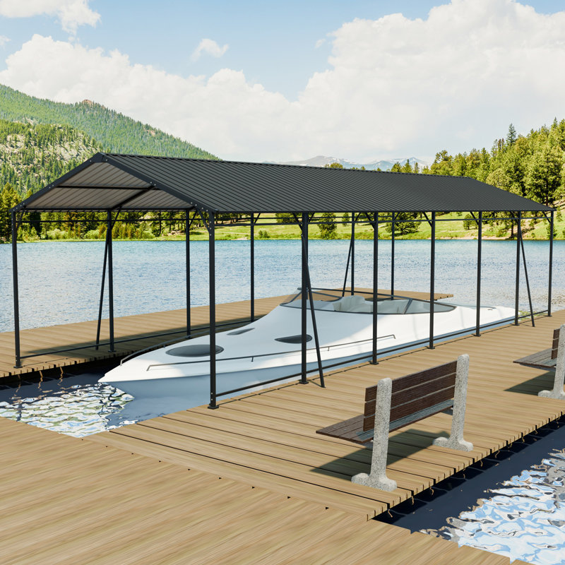 Heavy Duty Metal Carport With Galvanized Steel Roof & Frame - Weatherproof Outdoor Garage Shelter For Cars, Trucks, Boats, Tractors | Multiple Sizes Available | Gray Finish