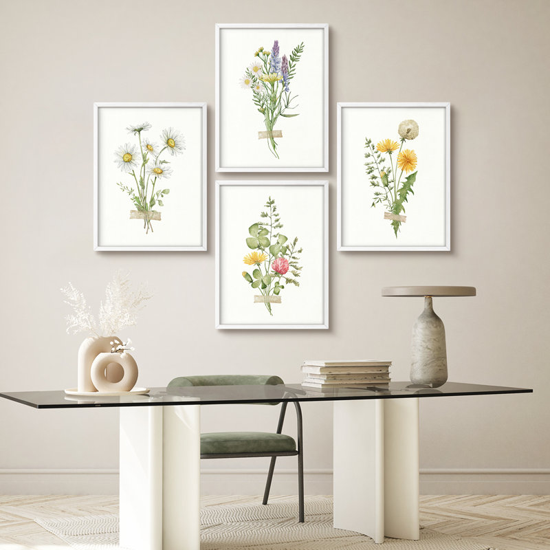 «Faux tape Wildflowers Modern Artwork, impressions encadrées, affiches, petit art mural de salle de bain», 4 pièces, Blanc