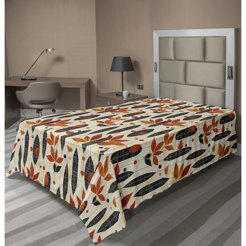 Drap plat moderne de style bohème Ambesonne, Drap plat pour lit simple TG, Ivoire / gingembre / motif floral gris foncé