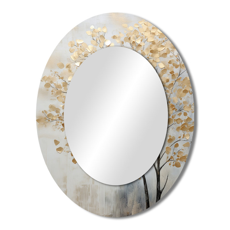 Minimalisme doré et scène d'arbres bleus - grand miroir mural ovale sur métal, H 43 po x l 33 po