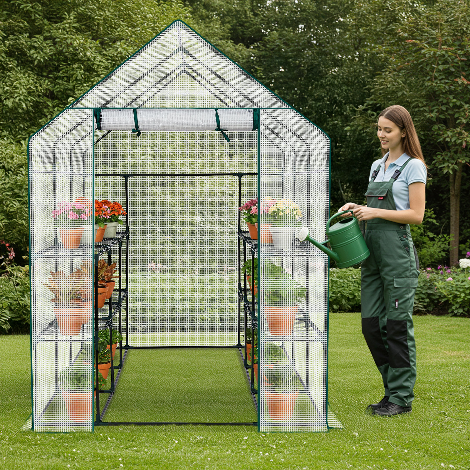 Outopee Metal-Framed PE-Covered Mini Walk-In Greenhouse With 8 Shelves ...
