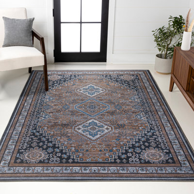 Dalyan Geometric Medallions Machine-Washable Brown/Blue/Gray Rug