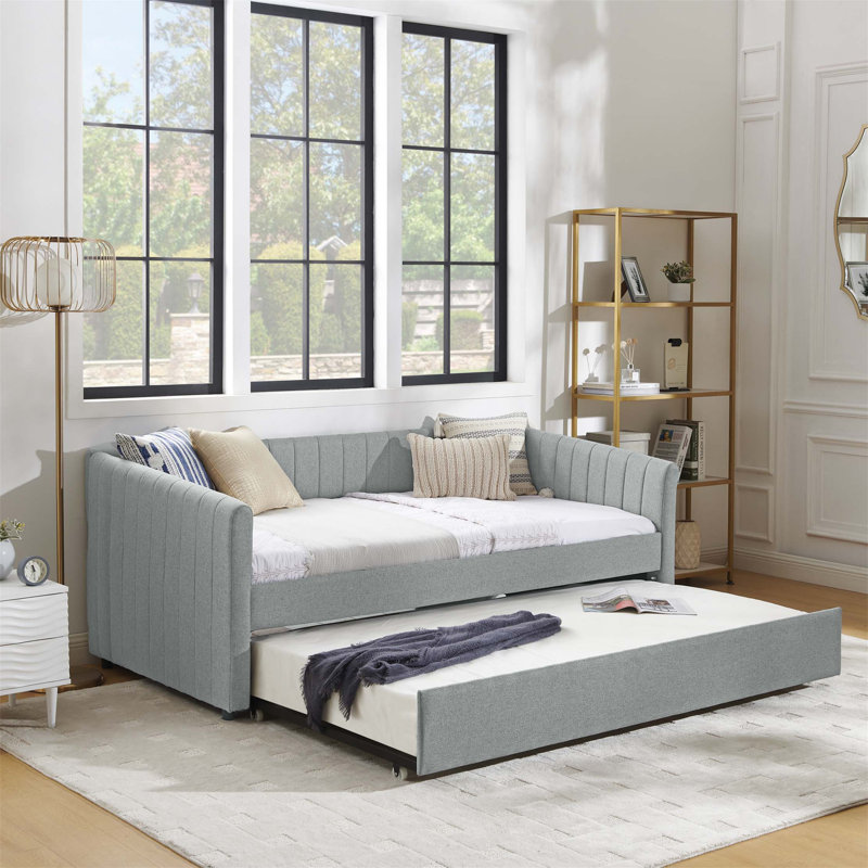 Daybed With Trundle Upholstered Sofa Bed, With Vertical Stripes, Linen Fabric, Gray, Twin