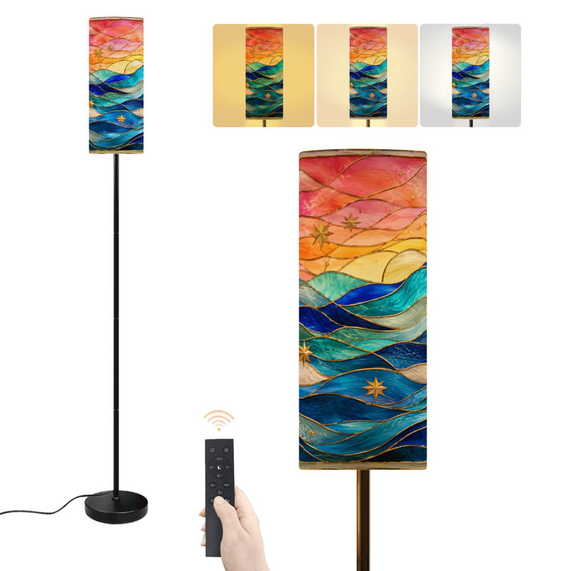 Lampe sur pied moderne à effet vitrail vibrant, motif coucher de soleil étoilé et marin, intensité variable, avec télécommande et interrupteur au pied. Abat-jour sur pied haut, idéal pour le salon, la chambre ou le bureau.