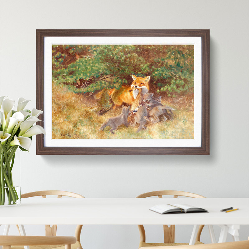 Fox and Cubs by Bruno Liljefors - Picture Frame Painting, 48cm H x 65cm W x 2cm D, Walnut Framed