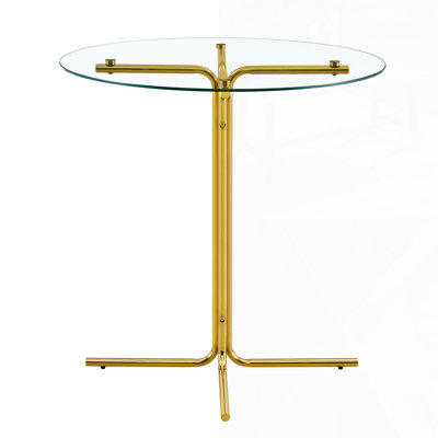 Round Glass Bar High Table With Tempered Glass Top And Sturdy Gold Chrome Plated Support, Perfect For Small Spaces And Kitchens