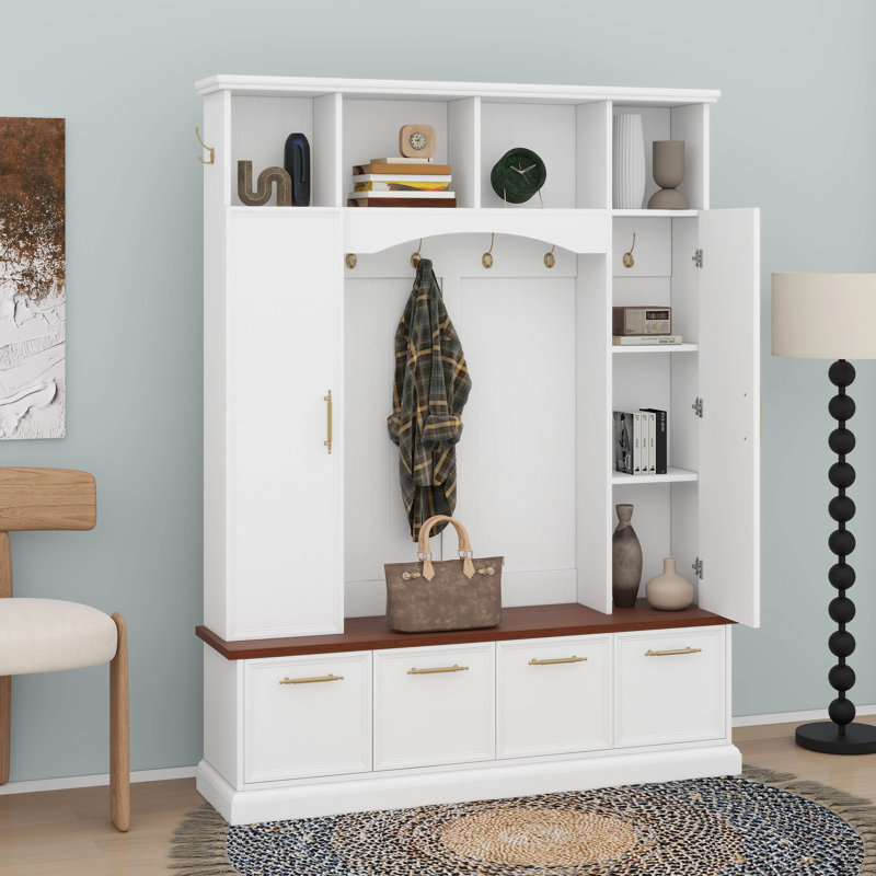 Hall Tree With Golden Hooks And Handles, Practical Entryway Walnut Bench With Adjustable Shelves, Farmhouse Wooden Style Coat And Shoe Rack