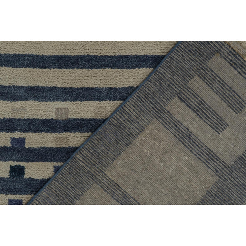 Rug & Kilim’S Swedish Rug In Blue & Grey High-Low Geometric Patterns, Rectangle 9' x 12'