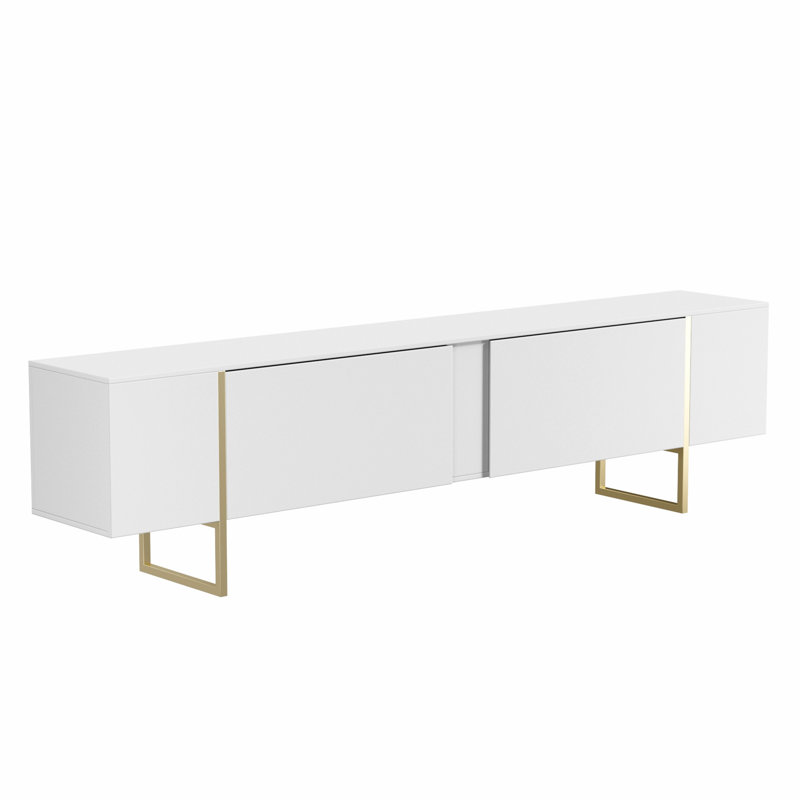 Mercer41 Tv Stand 71” With Gold Legs And Two Spacious Doors, White
