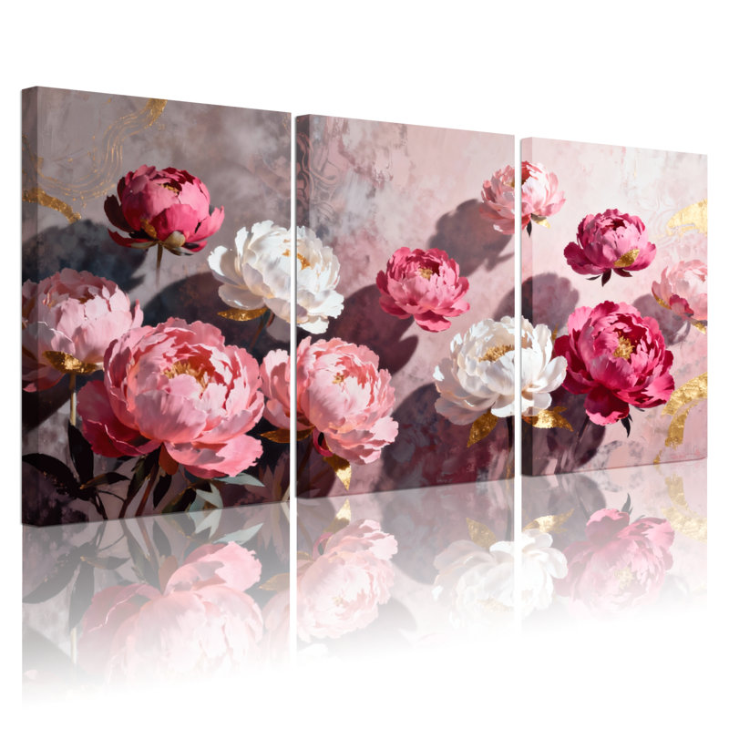 Plantes et fleurs, pivoines blanches et roses, accents dorés, ensemble de 3 impressions sur toile, H 30 po x l 60 po