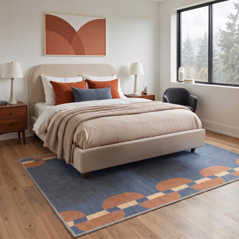 Tapis géométrique bleu / orange lavable à la machine avec envers antidérapant, Round 5'