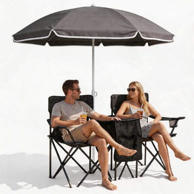 Ensemble de chaises de pique-nique pliantes portables pour 2 personnes avec parasol et porte-gobelets – Ensemble de chaises de plage et de camping pliables (noir)