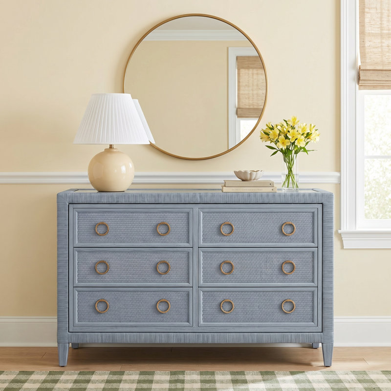 Warwick 6-Drawer 54" W Double Dresser, Sea Glass, Satin Nickel