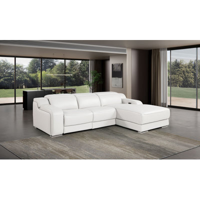 Hillcrest White Right-Facing 3-Piece L-Shaped Sectional In Top-Grain Italian Leather With 1 Power Recliner & Adjustable Headrests