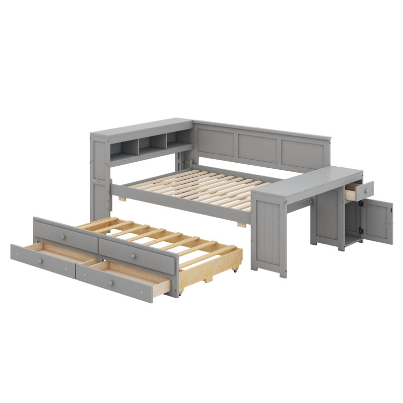 Lit de jour double avec tablettes de rangement, tiroirs et station de charge, lit de jour en bois massif avec lit gigogne, bureau, lumière DEL et armoire de rangement
