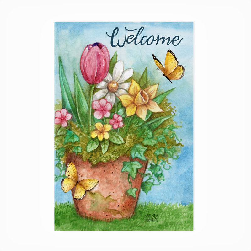 Melinda Hipsher «Welcome Spring Bouquet In Pot With Butterflies», décoration murale d'extérieur toutes saisons