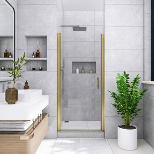 34 In. W X 72 In. H Reversible Pivot Semi-Frameless Shower Door In Brushed Gold Finish