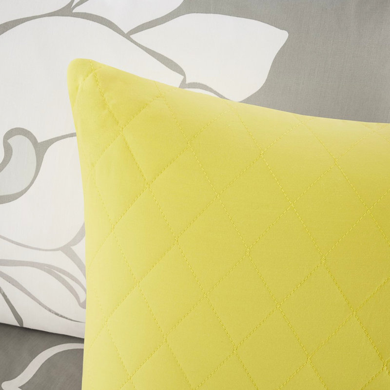 Couette en coton 6 pièces, tons jaune et gris, taille grand lit/queen, avec oreillers à motifs assortis, literie grand lit/queen