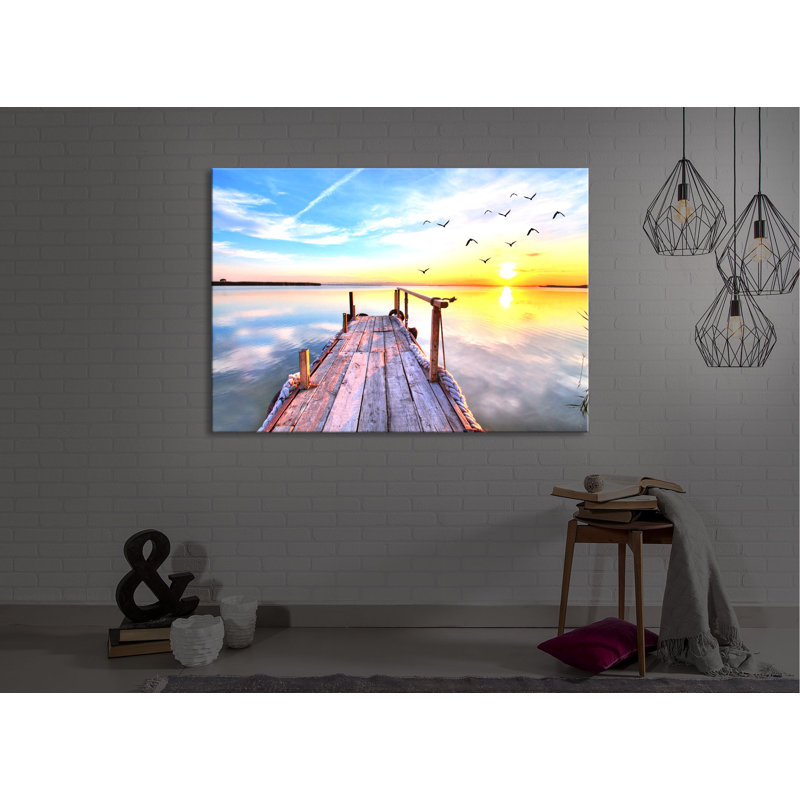 Bridge With Seagulls At Sunset by No - Wrapped Canvas Print, 60cm H x 80cm W x 4.5cm D, Without lighting