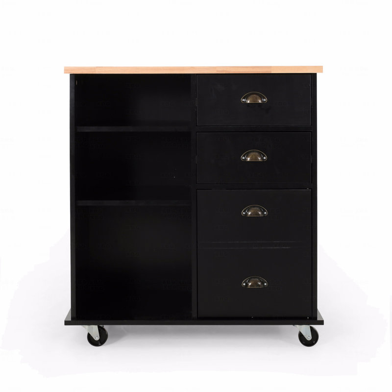 31.5” Kitchen Island Cart on Wheels – Rubberwood Top, 2 Drawers + 3 Shelves + Cabinet (Black), Black