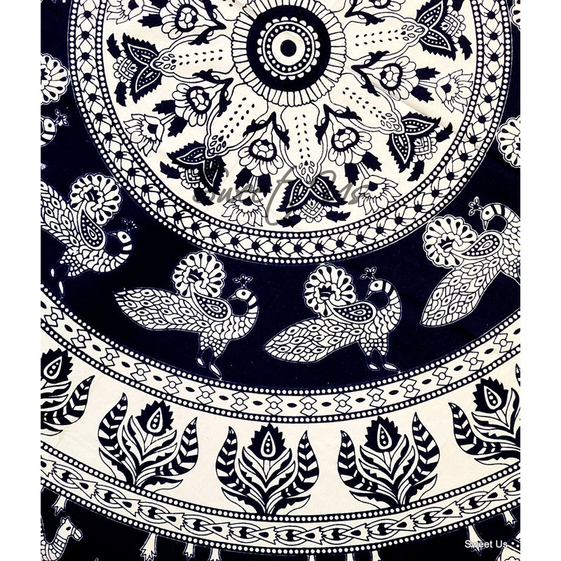 Elephant Geometric Cotton Tablecloth Round, 72"L x 72"W, Black