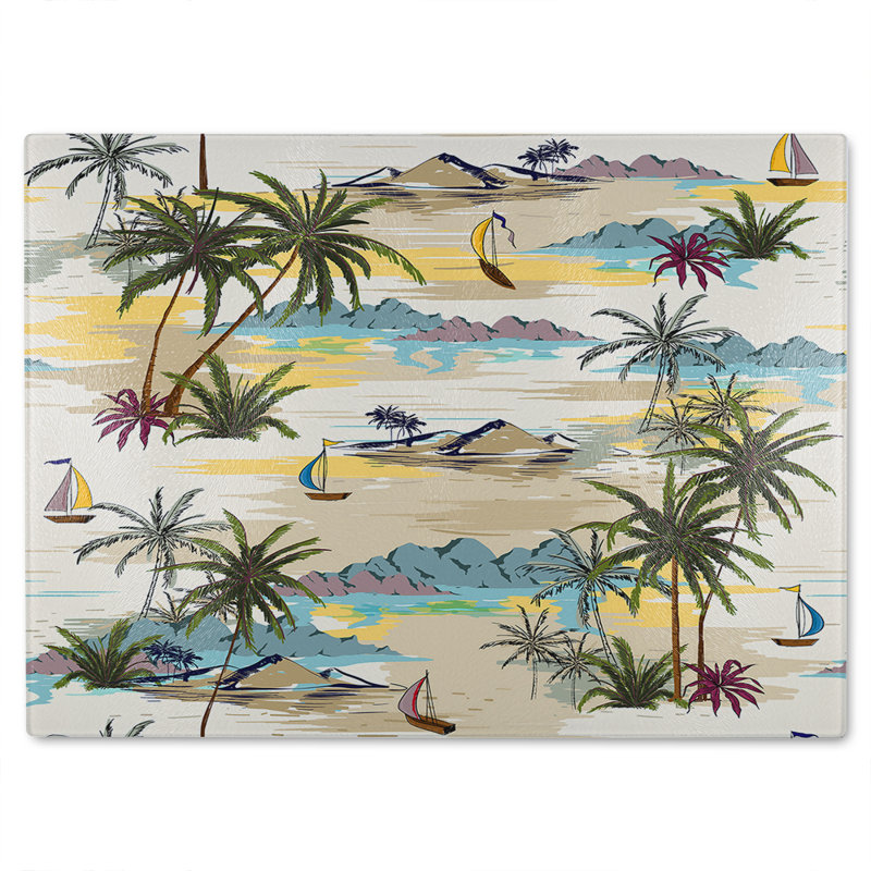 Palm & Sailboats Glass Chopping Board, 40cm L x 28cm W