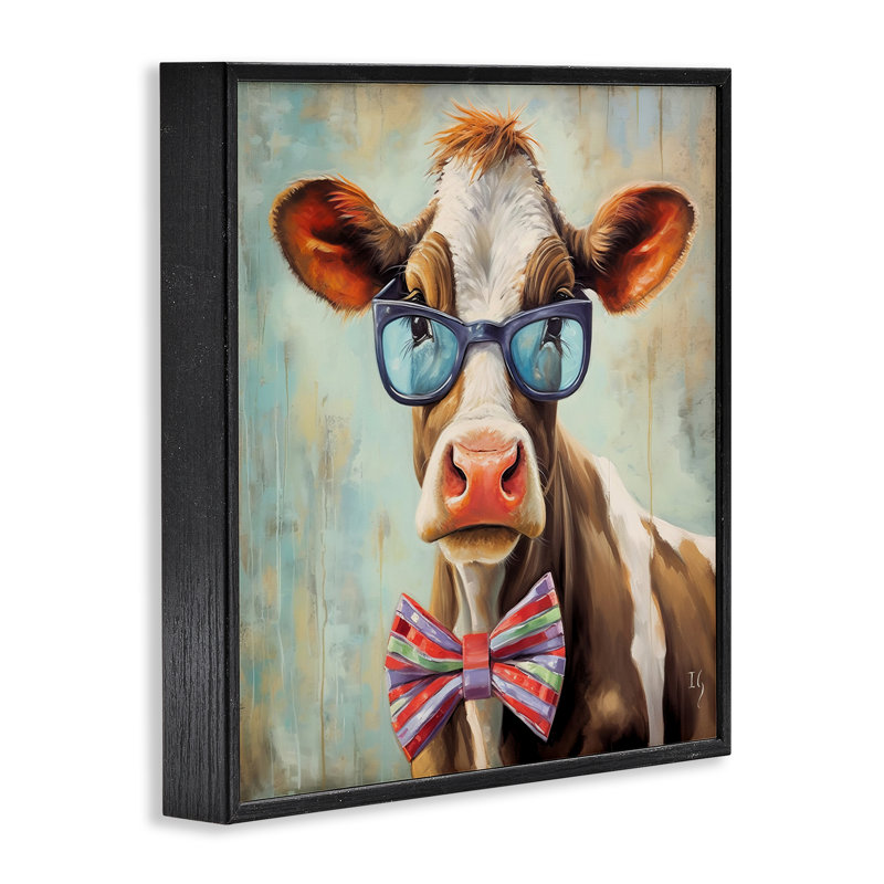 Hipster Cow with Bowtie Giclee Art by Ivan Guaderrama, 12" H x 12" W, Midnight Black Framed Giclee
