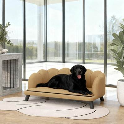 Grand canapé en velours pour chien avec coussin en mousse, lit pour chien doux et mignon avec motif perlé, canapé pour grands et moyens chiens, café, bois