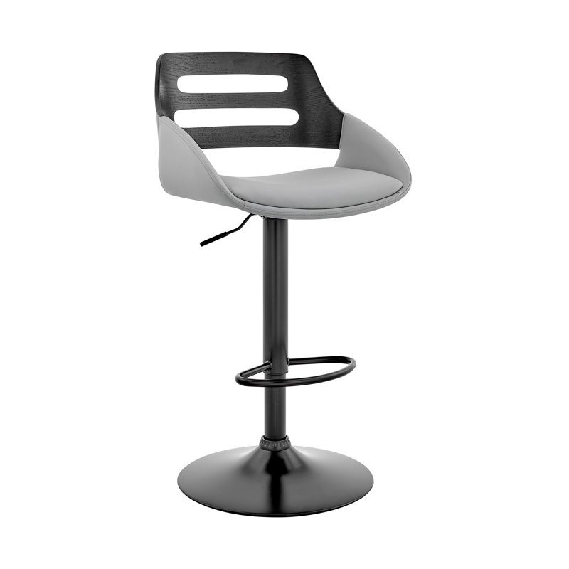 Swivel Adjustable Height Bar Stool with Pedestal Metal Base in Faux Leather and Wood, Gray, Black
